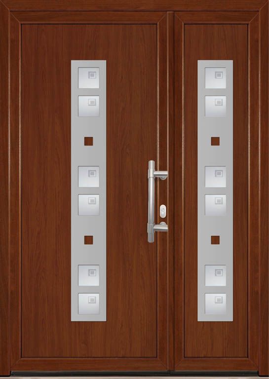 Ein Paar Holztüren mit Edelstahlgriffen.