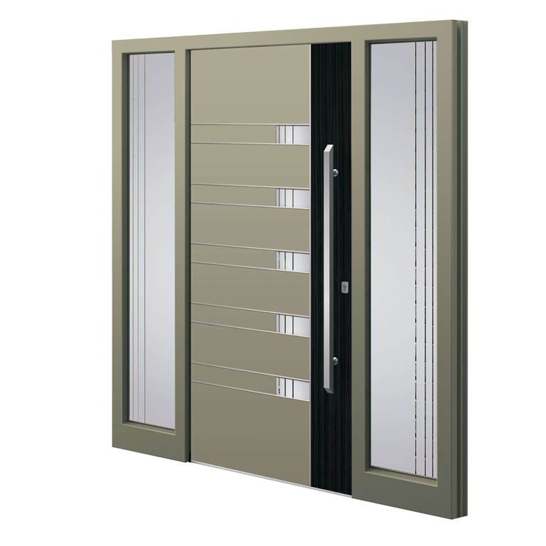 Eine moderne Tür mit schwarzer Zierleiste und Griff auf weißem Hintergrund.