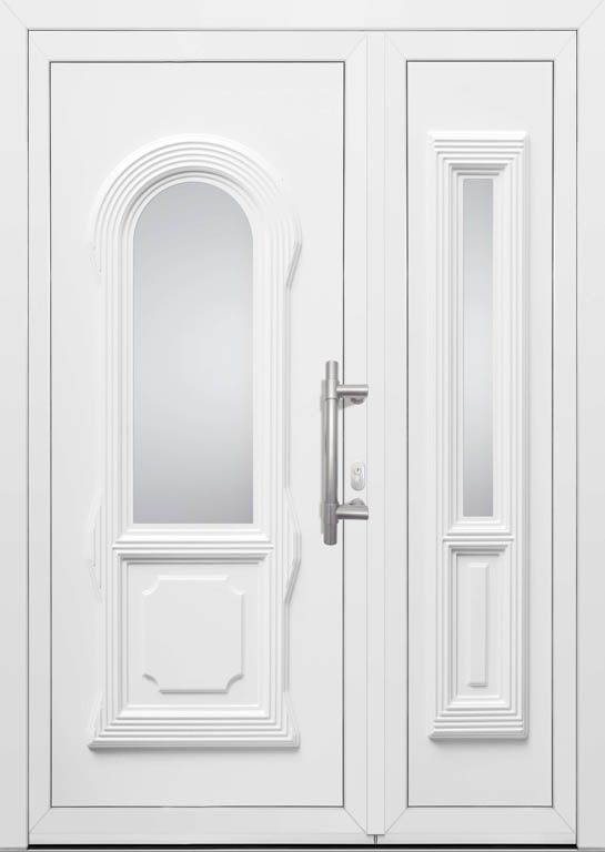 Eine weiße Tür mit einem Glasfenster und einem Griff auf weißem Hintergrund.