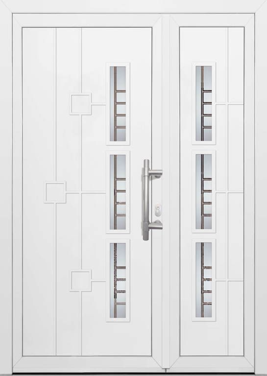 Eine weiße Doppeltür mit einem Edelstahlgriff.