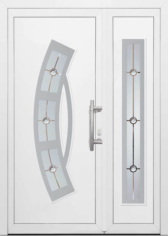 Eine weiße Tür mit einem Edelstahlgriff auf weißem Hintergrund.