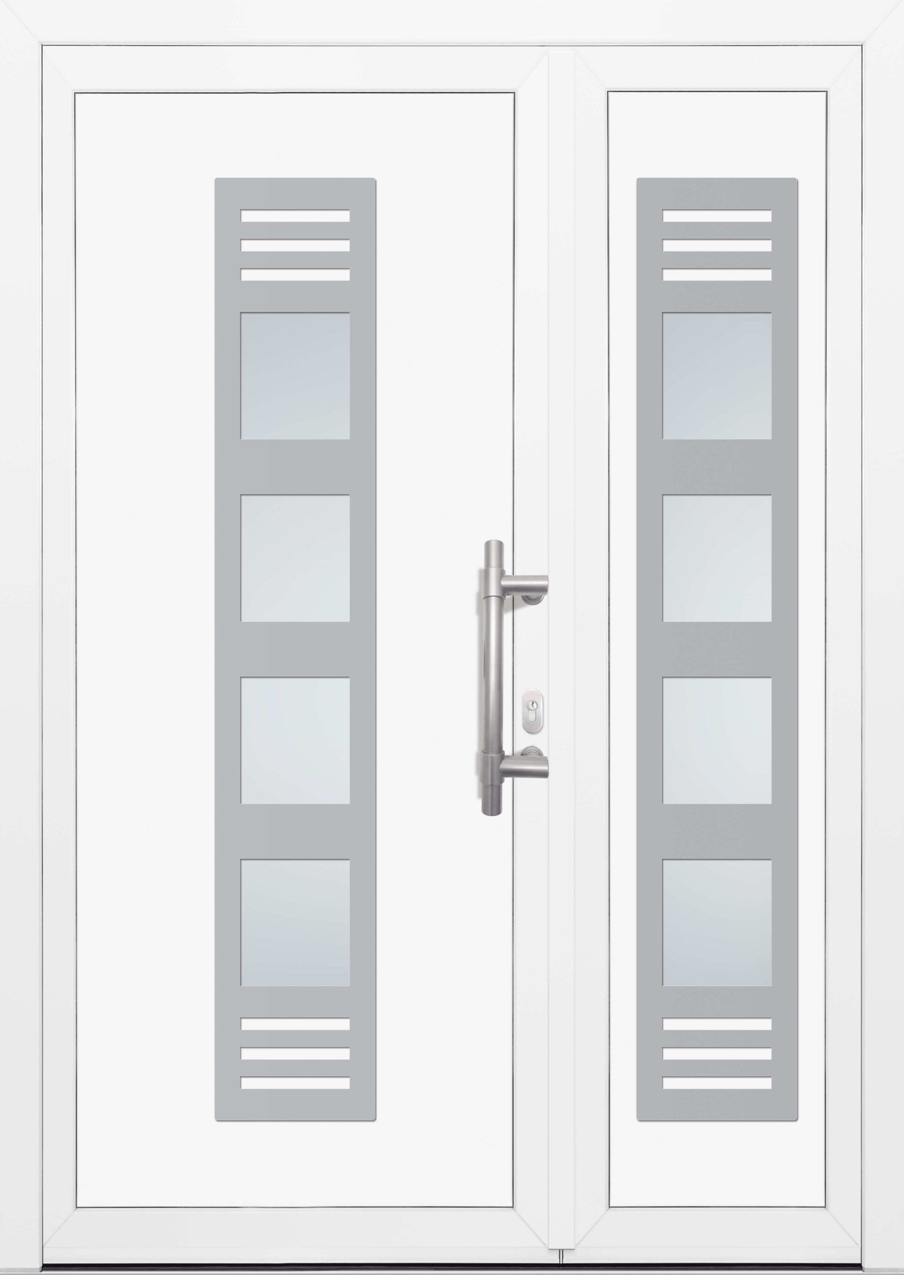 Eine weiße Tür mit grauen Streifen und Quadraten darauf.