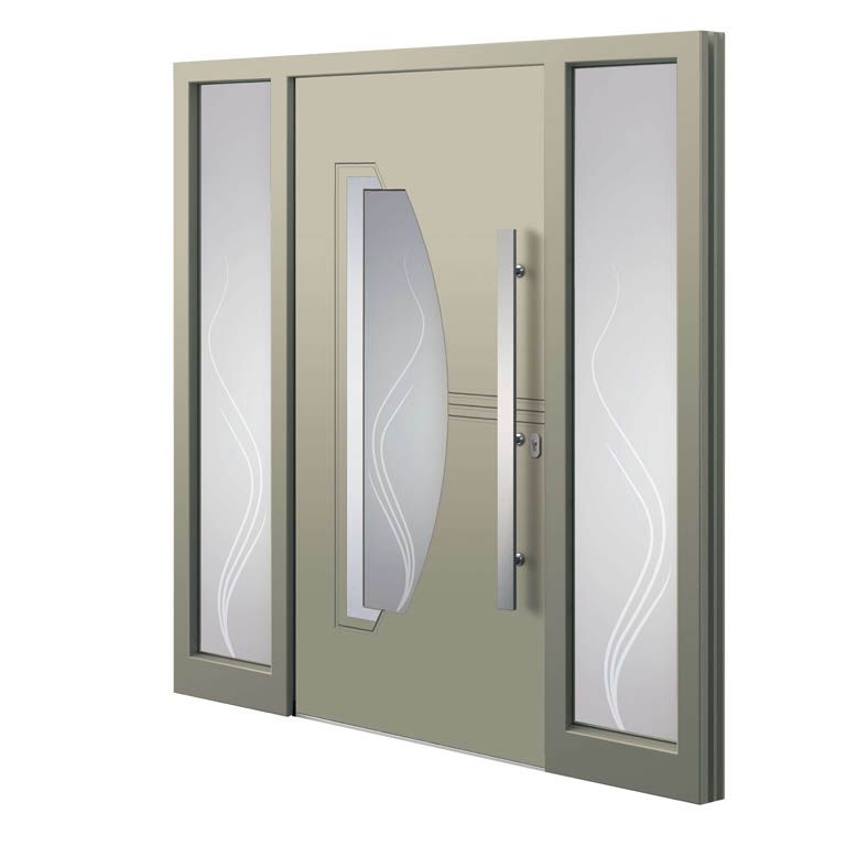 Eine Tür mit drei Fenstern und einem Griff auf weißem Hintergrund.