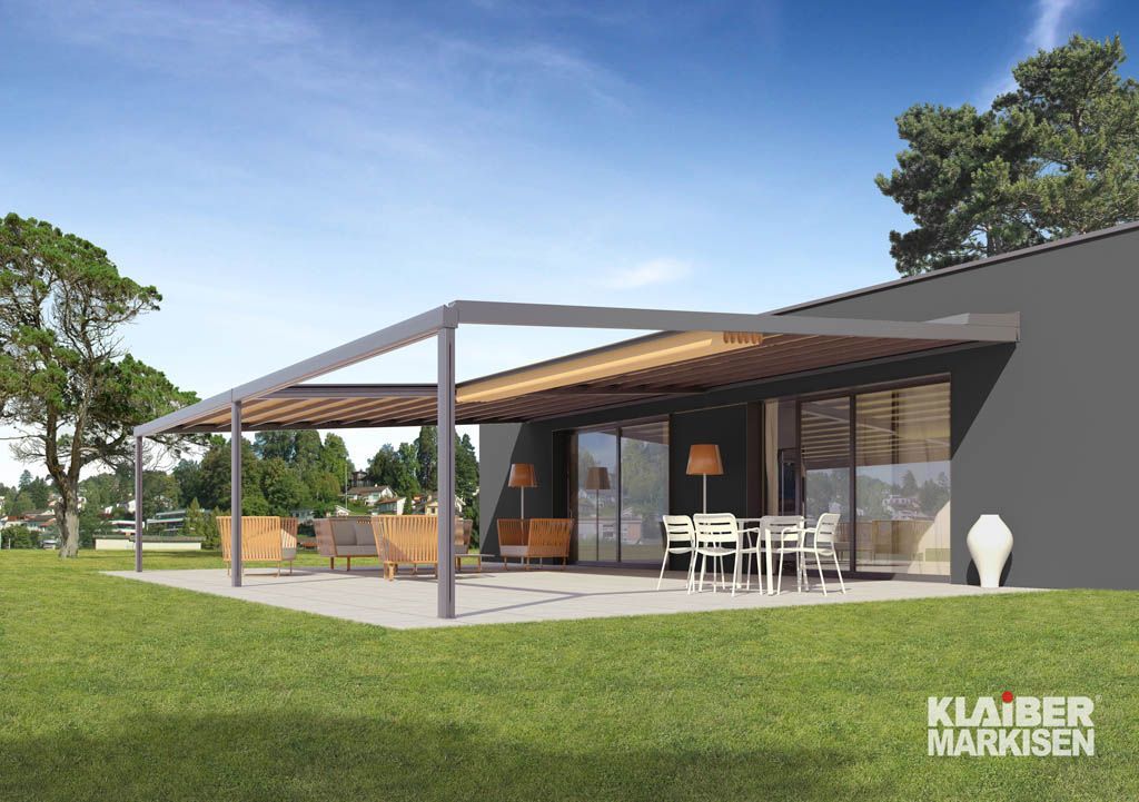 Künstlerische Darstellung eines Hauses mit Pergola.