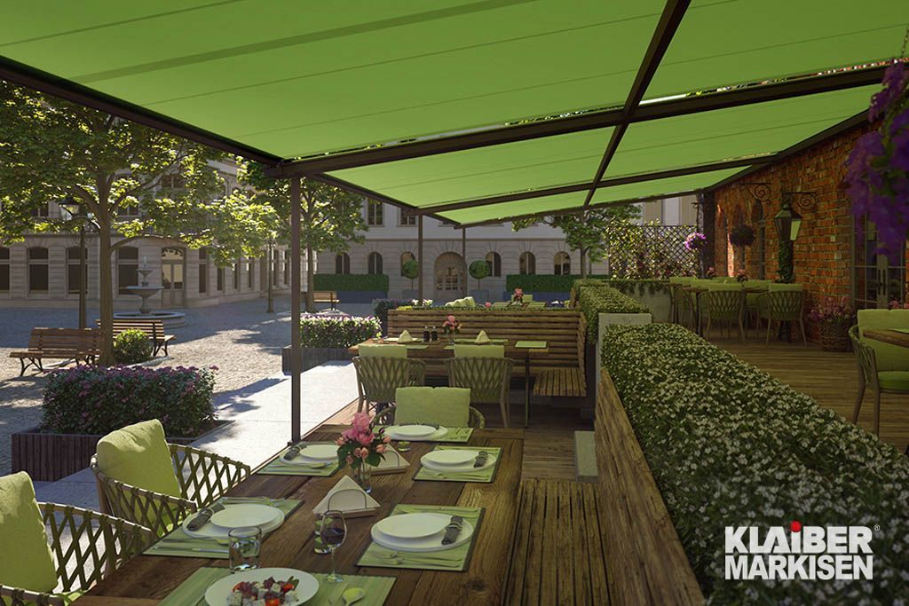 Künstlerische Darstellung eines Restaurants mit Tischen und Stühlen unter einer grünen Markise.