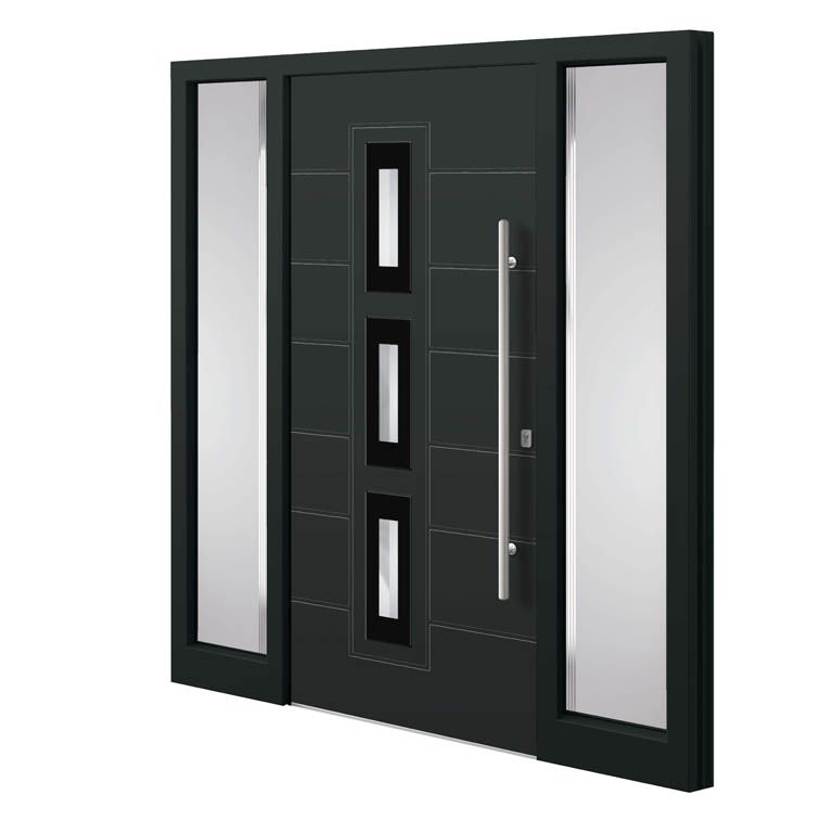 Eine schwarze Tür mit drei Fenstern und einem Griff auf weißem Hintergrund.