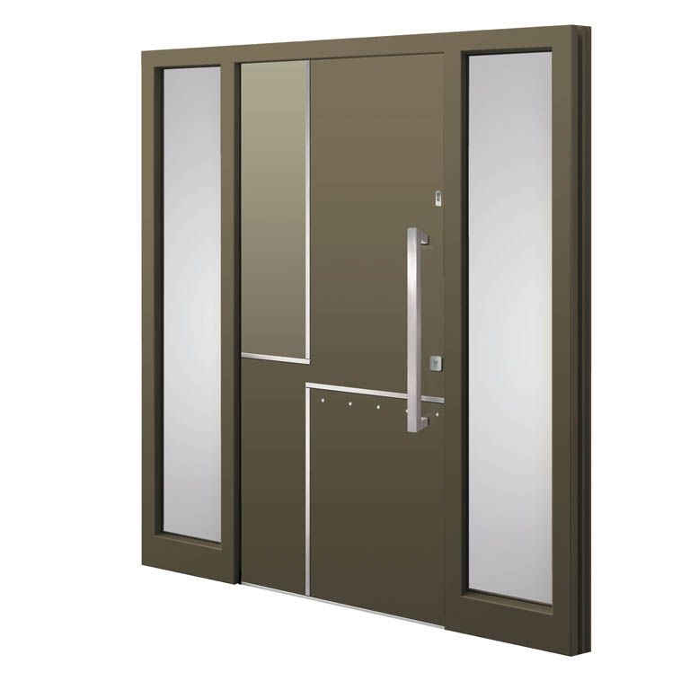 Eine Tür mit einem Griff und zwei Fenstern auf weißem Hintergrund.