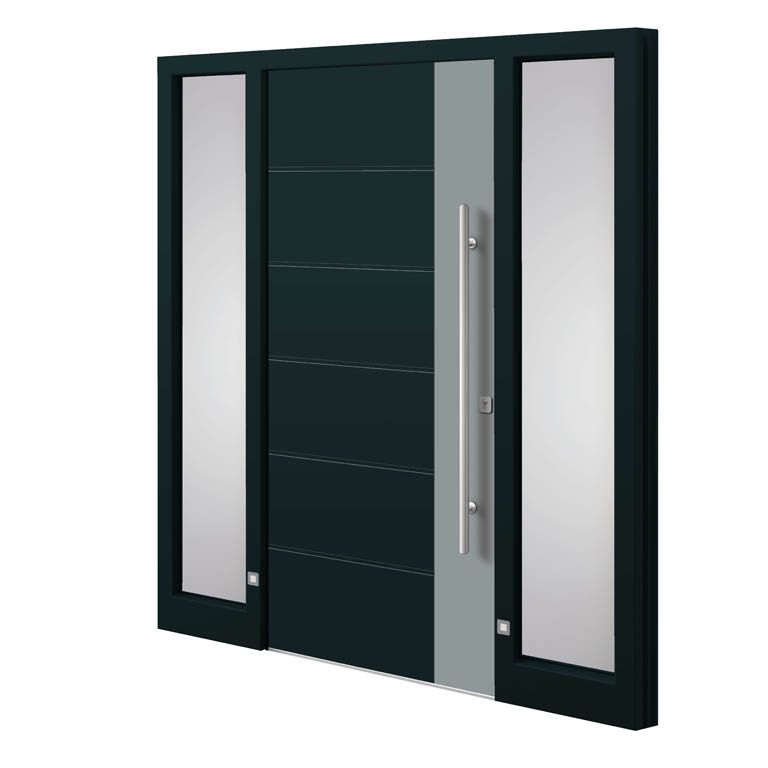 Eine schwarze Tür mit einem Edelstahlgriff und zwei Spiegeln.