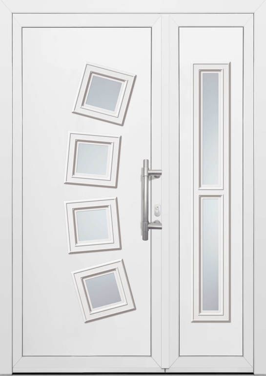 Eine weiße Tür mit Quadraten und einem Griff.