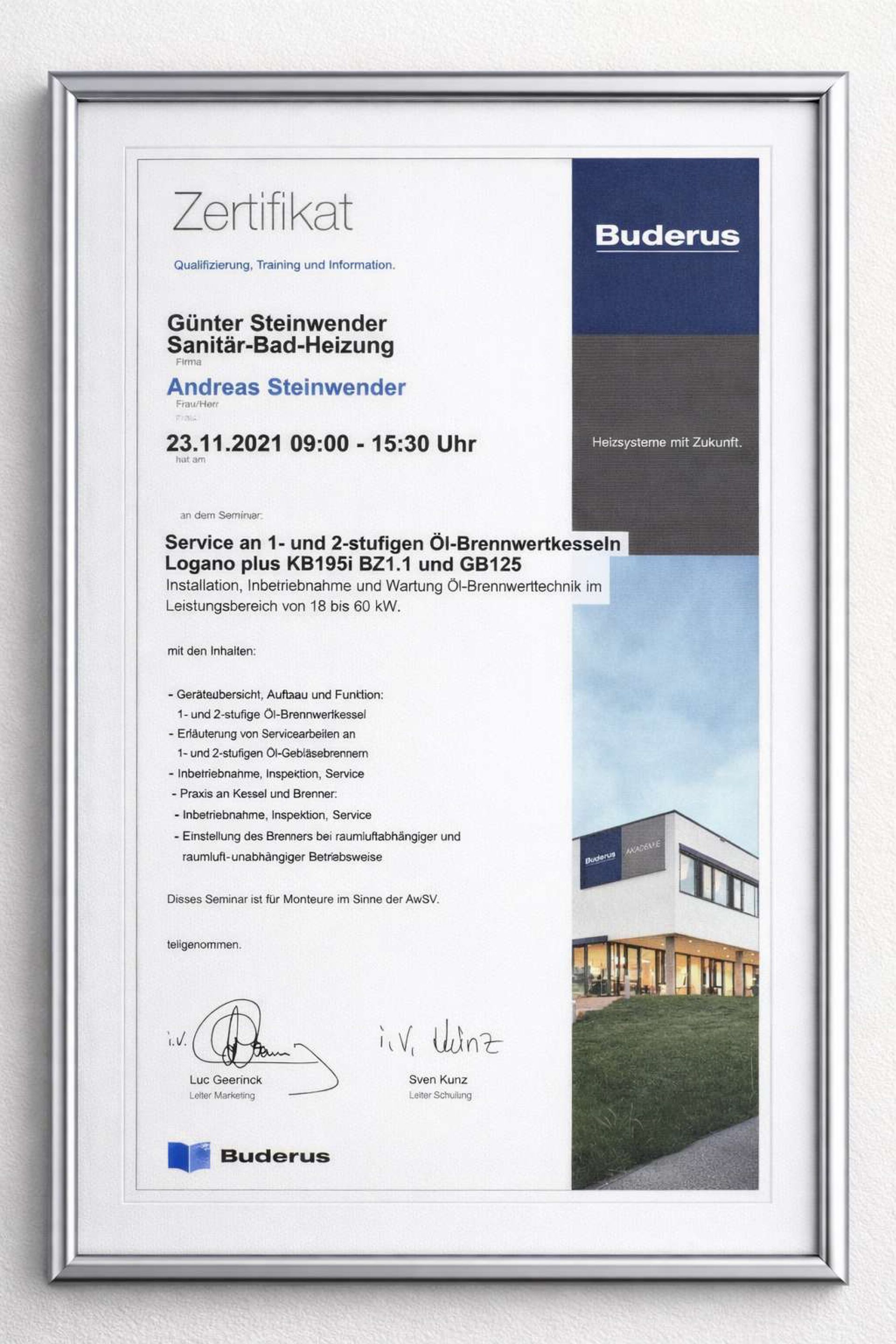 Zertifikate Steinwender - Sanitär & Heizungstechnik