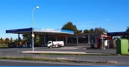 Gasolinera junto a la carretera con un techo azul, un camión blanco y el cielo despejado.