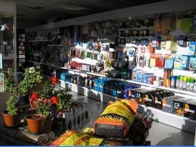 Pasillo de una tienda de jardinería al aire libre, con plantas en macetas y estanterías con artículos de jardinería bajo una luz solar intensa