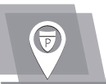 Icono de un pin de ubicación con una «P» en su interior, sobre un fondo gris en capas