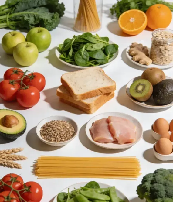Variedad de alimentos frescos sobre una mesa blanca: frutas, verduras, pan, pasta, huevos, carne y cereales.