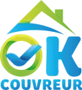 Un logo bleu et vert pour ok couvreur