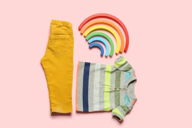 Ropa de bebé y un arco iris sobre un fondo rosa.