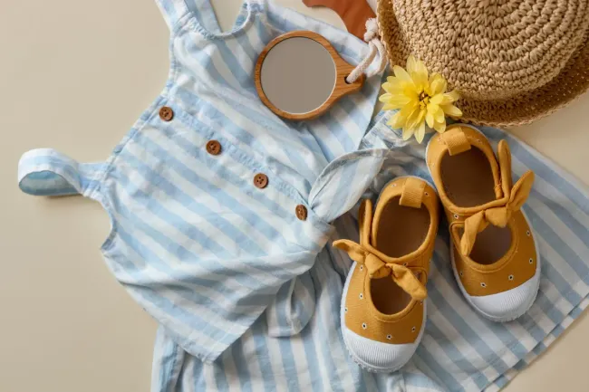 Un par de zapatos de bebé, un vestido, un sombrero, un espejo y una flor están sobre una mesa.