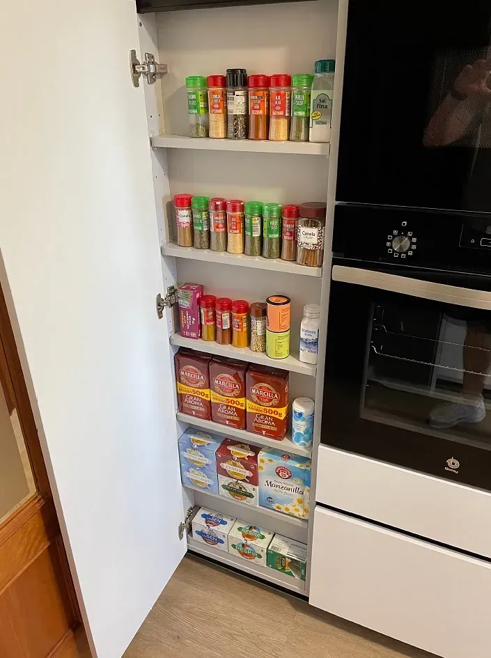 Un armario despensa alto y estrecho, extraíble, situado junto a un horno, organizado con filas de botes de especias y cajas de alimentos secos.