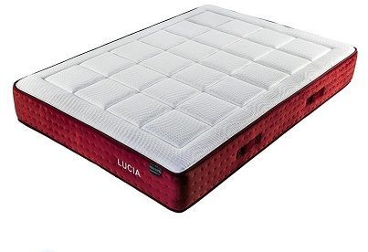 Un colchón rectangular con una superficie superior blanca acolchada y un panel lateral texturizado de color rojo intenso, con la etiqueta 