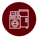 Icono de línea blanca que representa un microondas, una lavadora y un refrigerador sobre un fondo circular color granate.