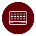 Icono blanco de un colchón dentro de un círculo rojo oscuro.