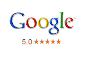 El logotipo de Google seguido de una calificación de 5,0 estrellas representada por cinco estrellas naranjas.