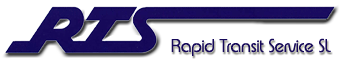 Logotipo para Rapid Transit Service SL, letras azules RTS con el nombre debajo.