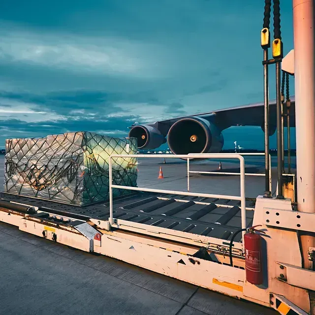 Carga cargada en un vehículo de transporte en un aeropuerto, con un avión al fondo bajo un cielo nublado.