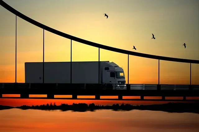 Un camión semirremolque cruza un puente al atardecer. Pájaros vuelan contra un cielo anaranjado y el agua.