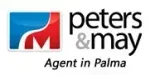 Logotipo de Peters & May, Agente en Palma, con emblema azul/rojo/blanco y texto negro.