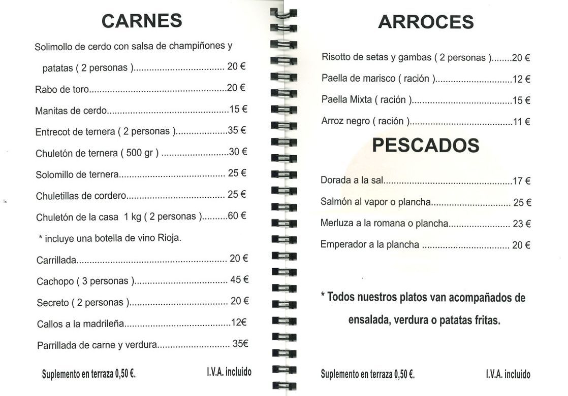 Un menú para un restaurante llamado carnes y arroces