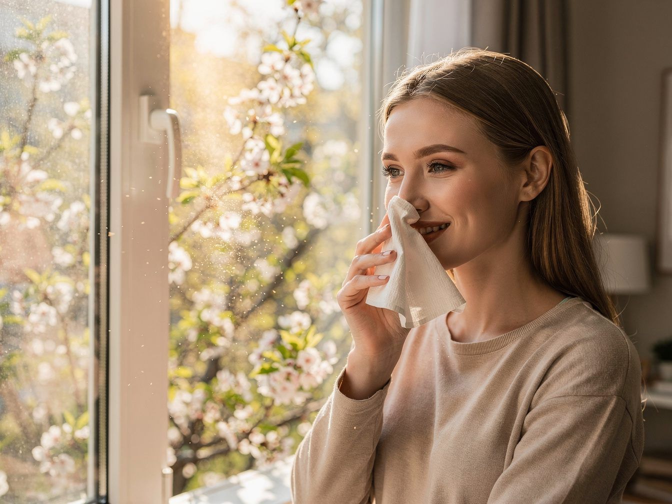 Young woman with a tissue in front of an open window with blossoming branches