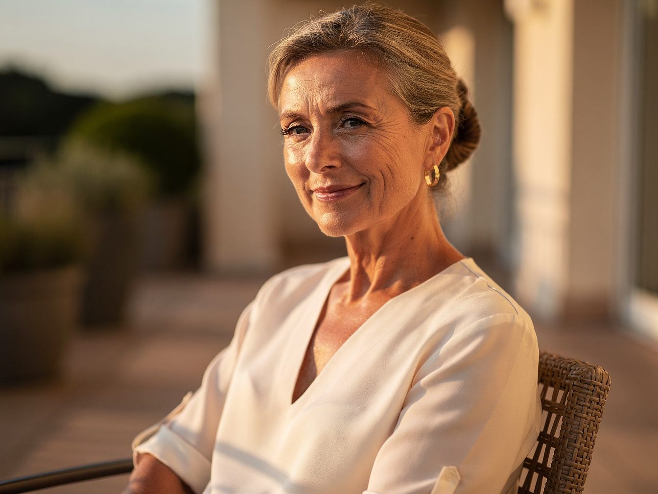Elegant woman in her mid-fifties on a sunny terrace
