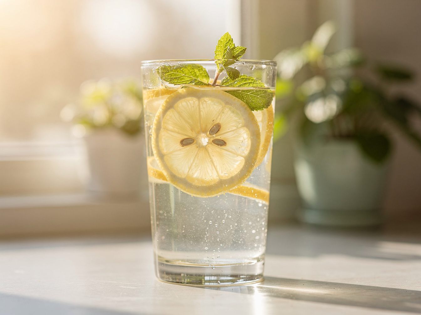 Glass of water with lemon and mint on a sunny windowsill