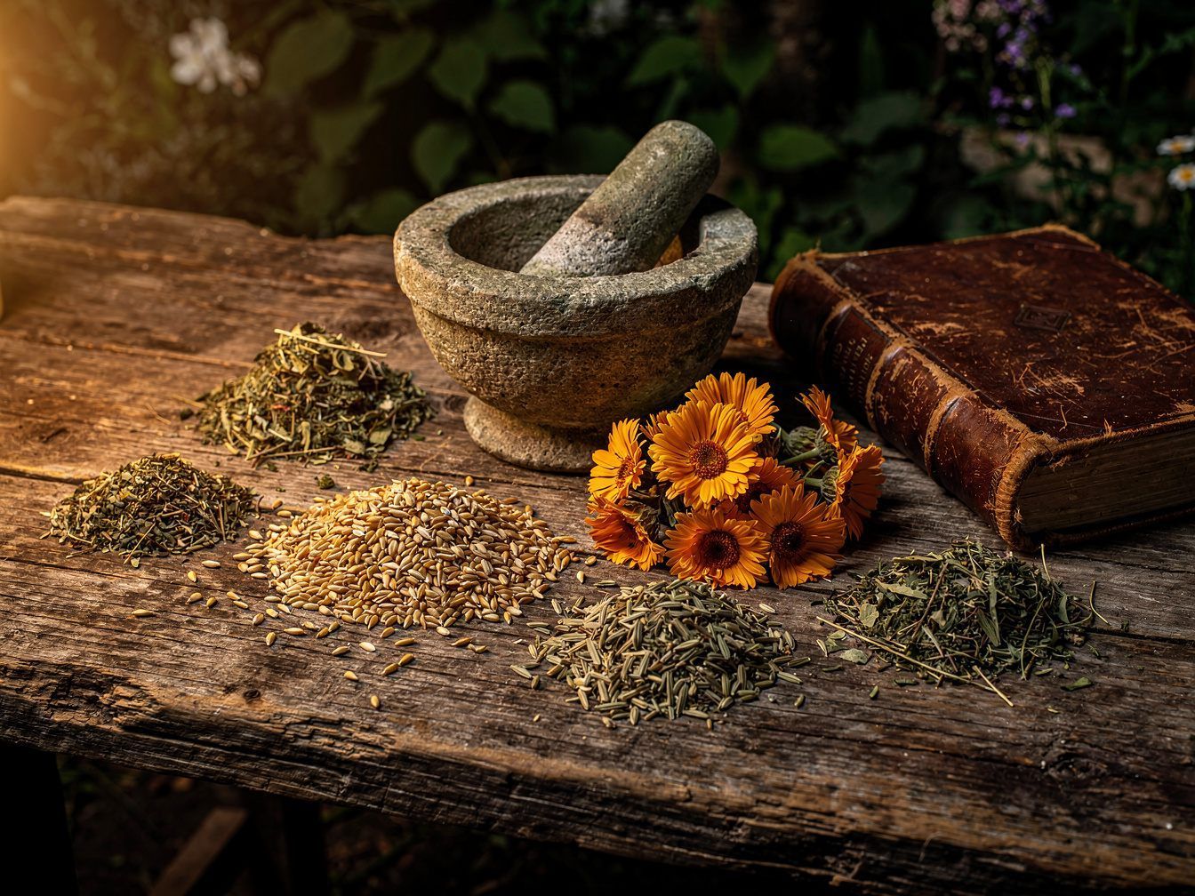 Dried medicinal herbs, spelt, marigolds and a mortar on an old wooden table