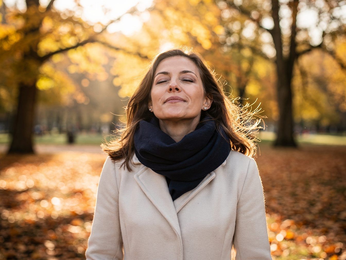Frau atmet an einem klaren Herbstmorgen im Englischen Garten frische Luft