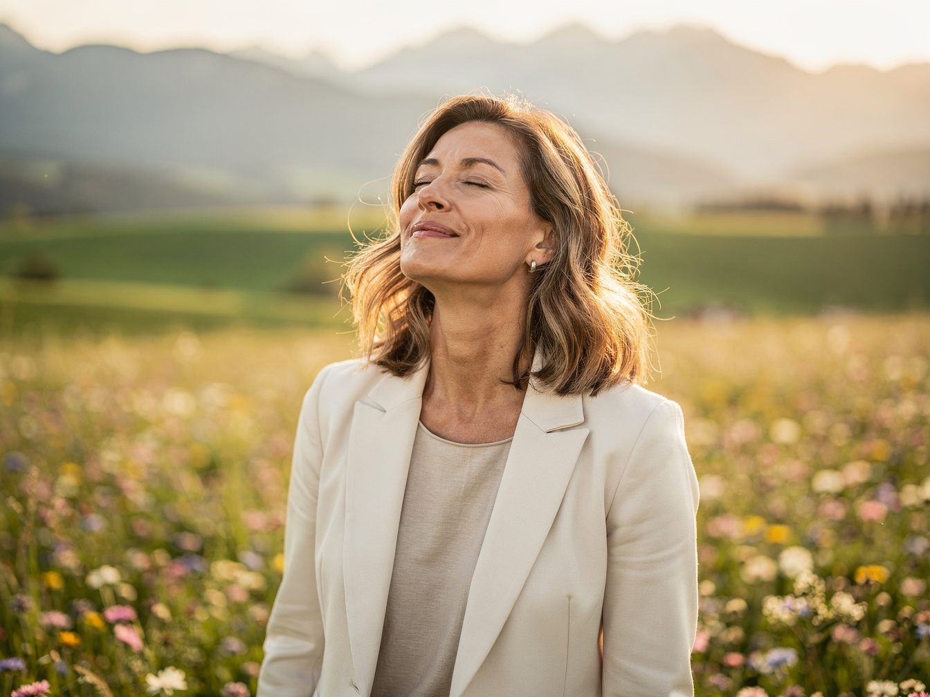 Woman standing with her eyes closed in a flowering spring meadow