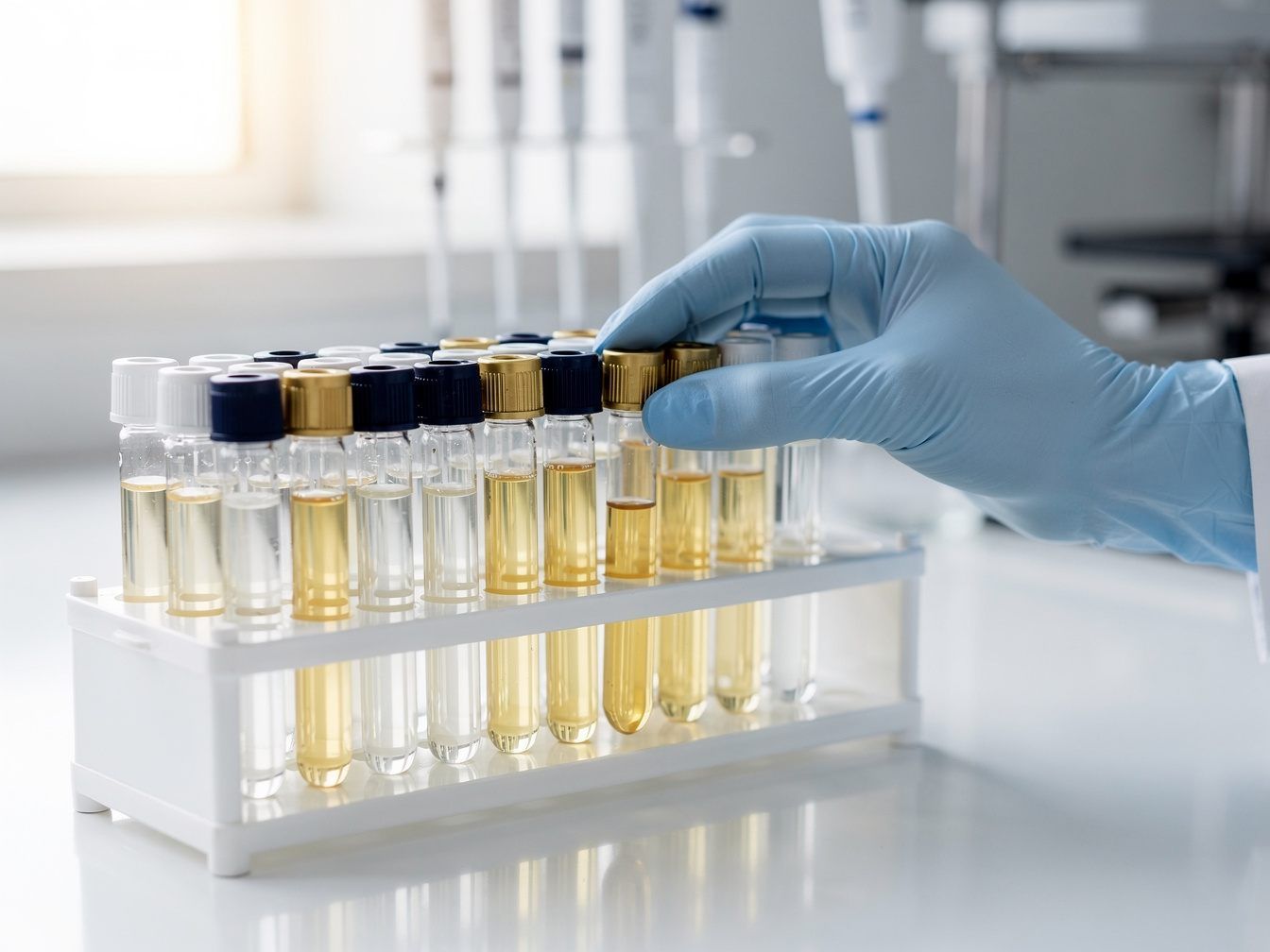 Blood samples in a test tube rack in the laboratory