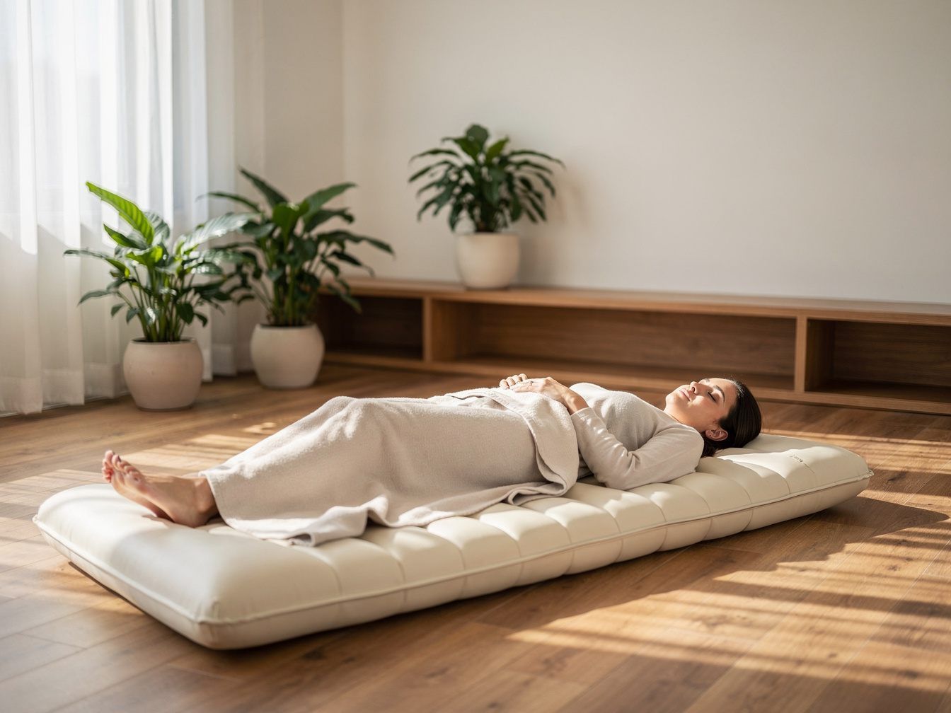 Woman lying relaxed on a therapy mat in a bright room