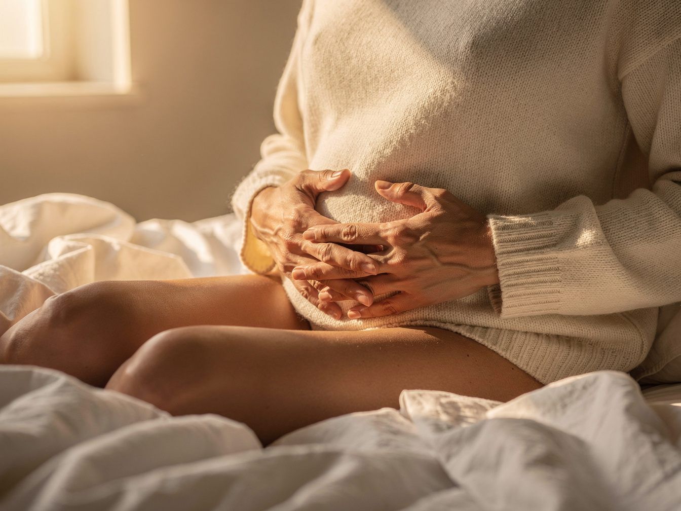 A woman's hands resting on her lower abdomen