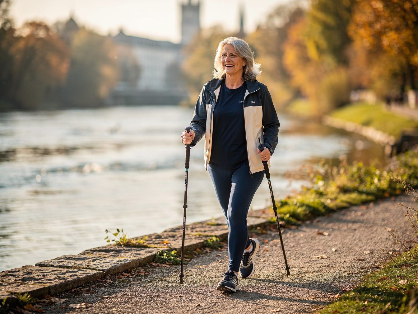 Aktive Frau beim Nordic Walking an der Isar