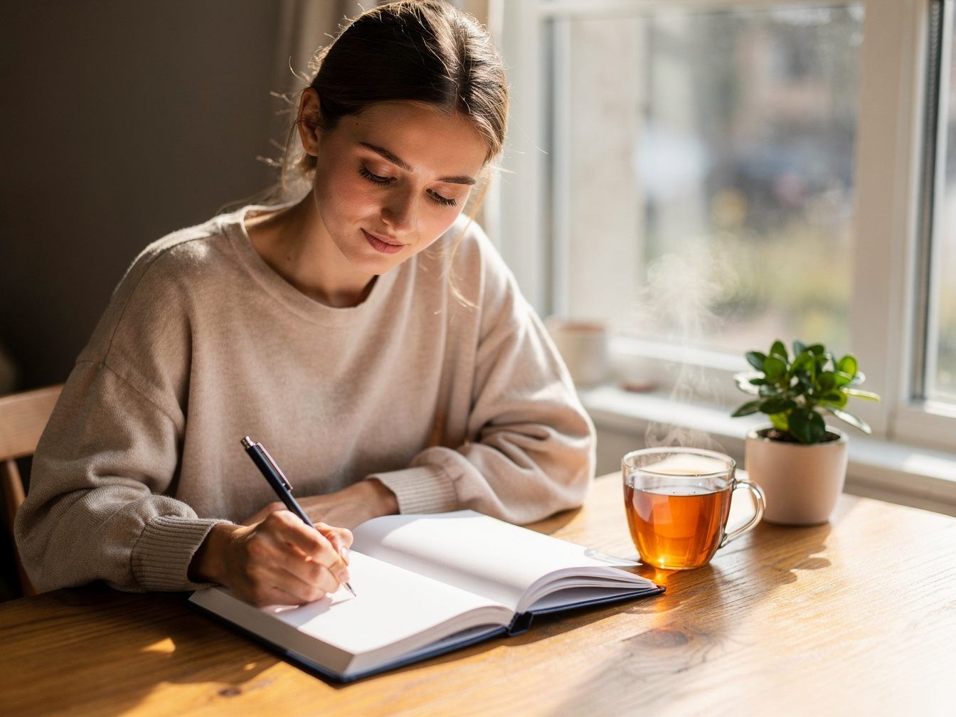 Young woman writing in a cycle diary, with a cup of tea beside her
