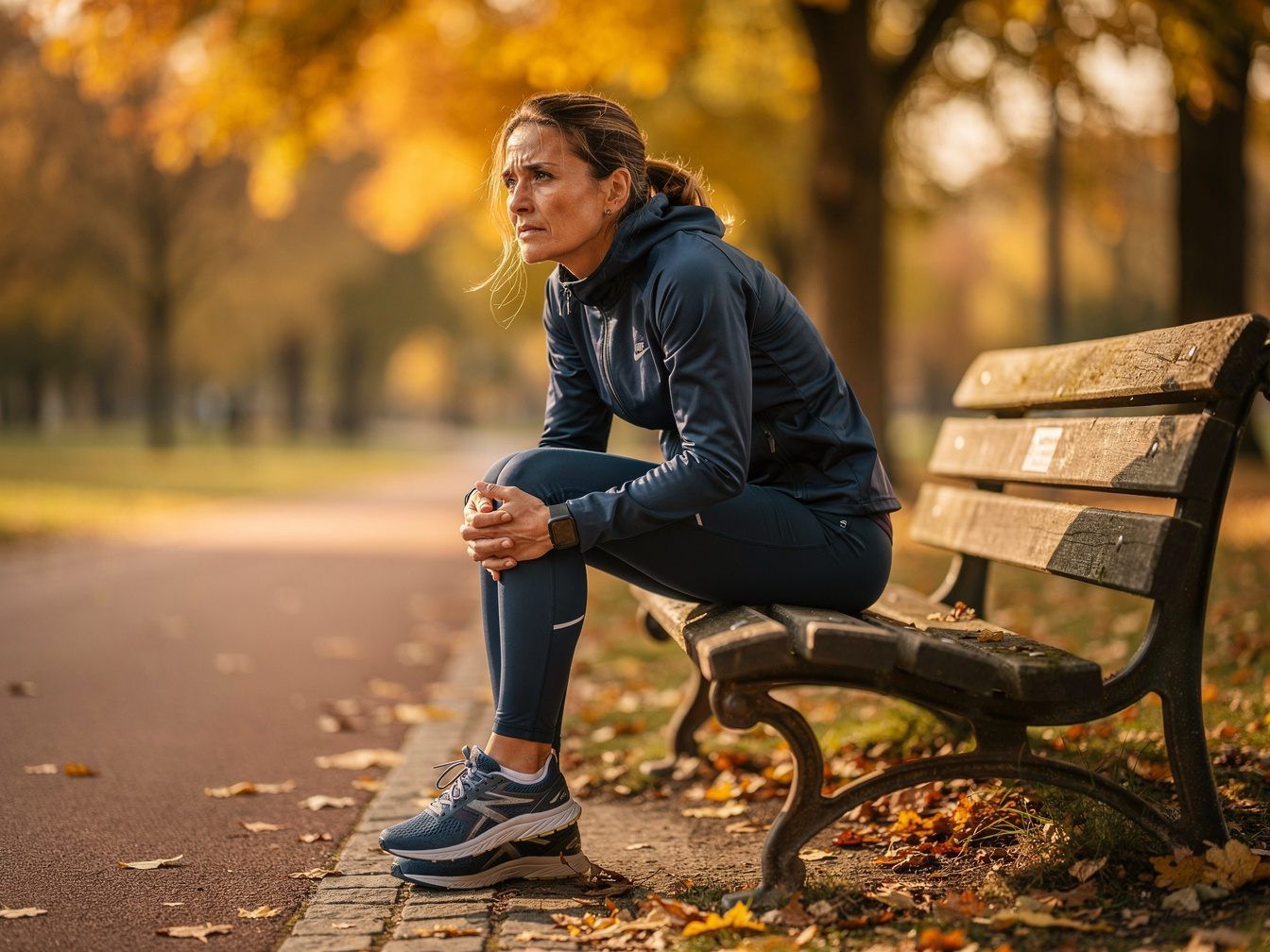 Sporty woman on a park bench holding her knee