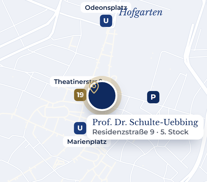 Lageplan der Münchner Altstadt: die Praxis in der Residenzstraße 9 zwischen Marienplatz und Odeonsplatz, nahe Max-Joseph-Platz und Opern-Garage, Straßenbahnhalt Theatinerstraße