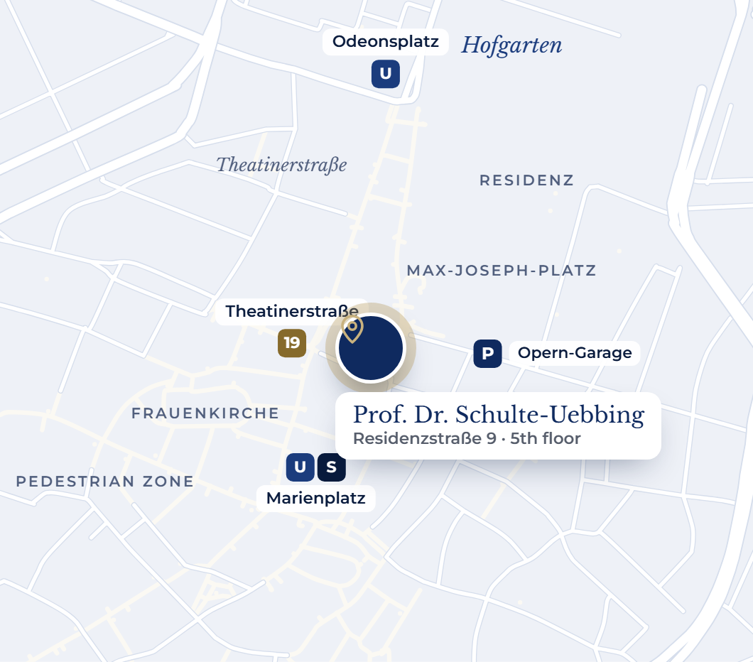 Lageplan der Münchner Altstadt: die Praxis in der Residenzstraße 9 zwischen Marienplatz und Odeonsplatz, nahe Max-Joseph-Platz und Opern-Garage, Straßenbahnhalt Theatinerstraße
