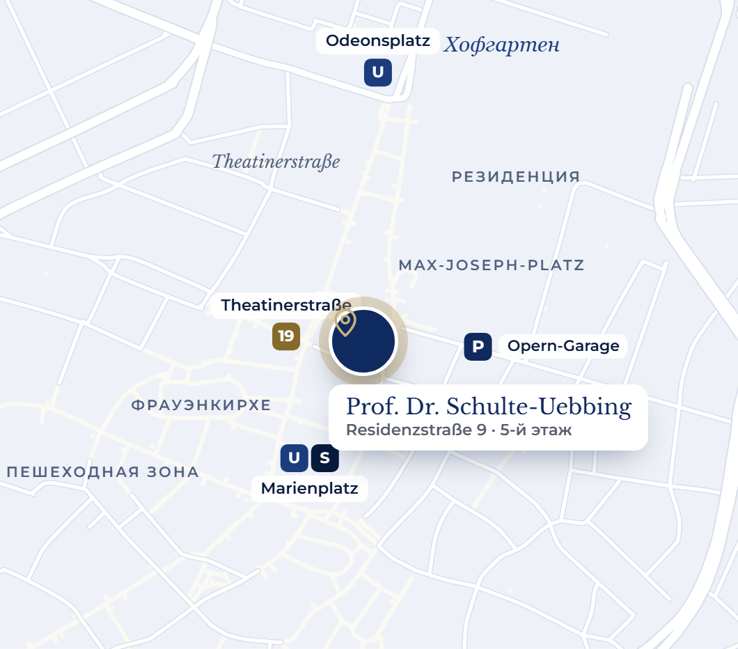 Lageplan der Münchner Altstadt: die Praxis in der Residenzstraße 9 zwischen Marienplatz und Odeonsplatz, nahe Max-Joseph-Platz und Opern-Garage, Straßenbahnhalt Theatinerstraße