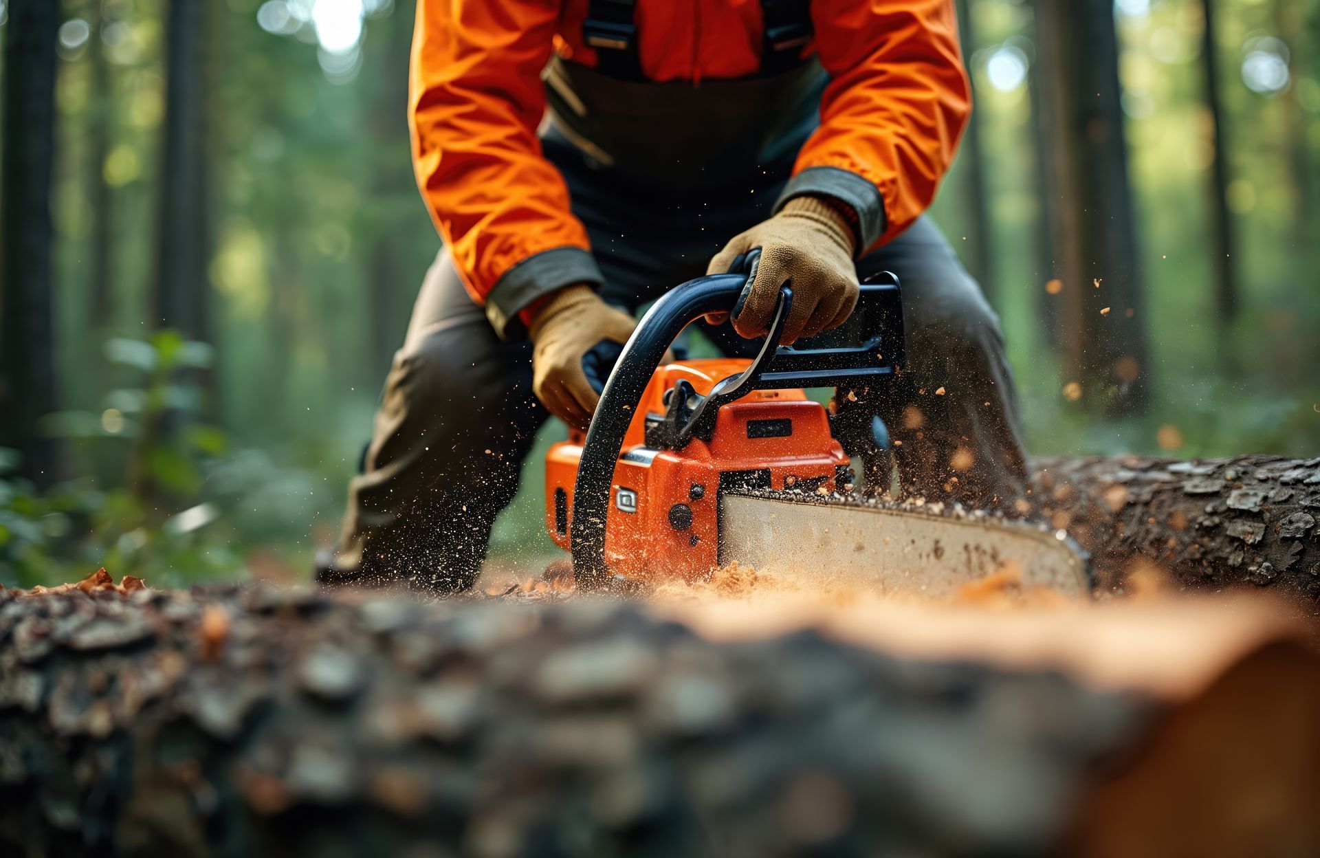 Un bûcheron utilise une tronçonneuse orange pour couper une bûche dans une forêt.