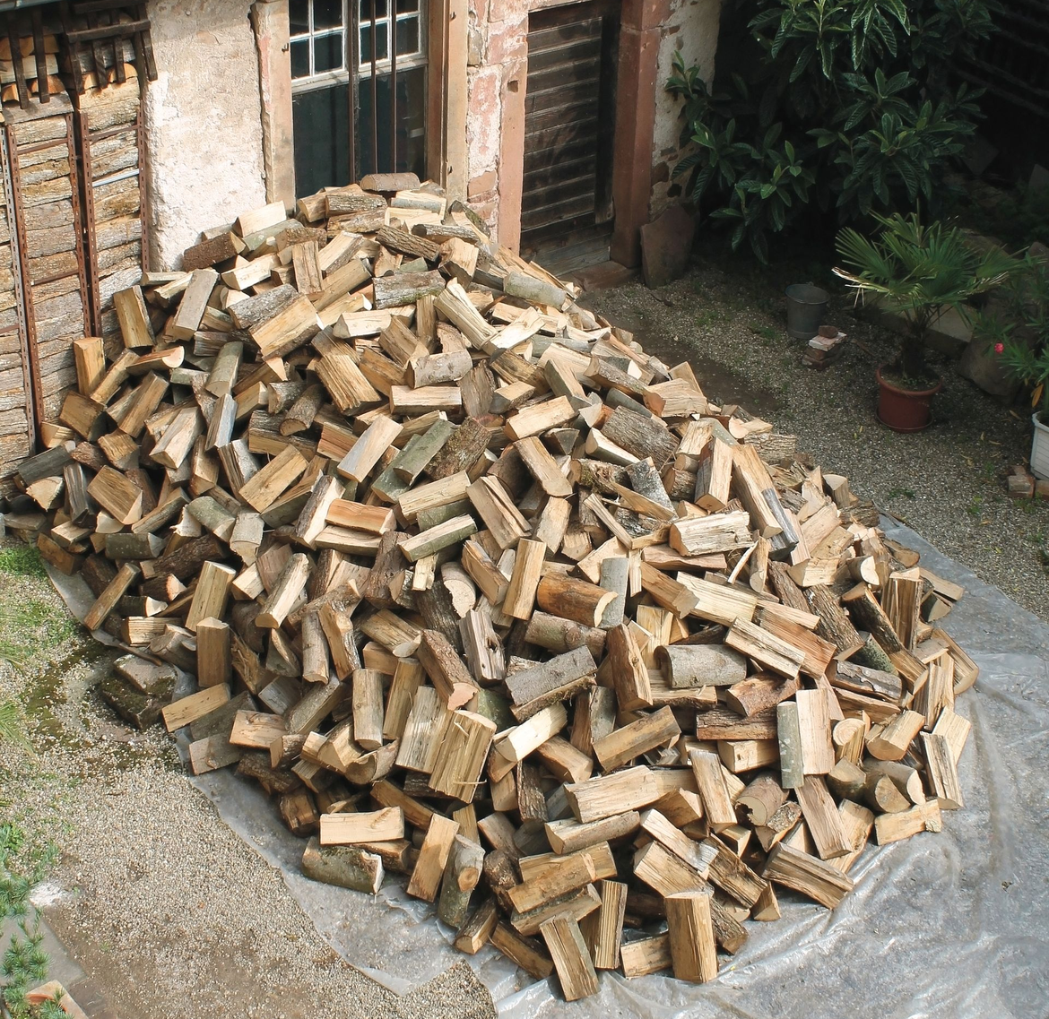 Un tas de bois de chauffage coupé, étalé sur une bâche devant un bâtiment.