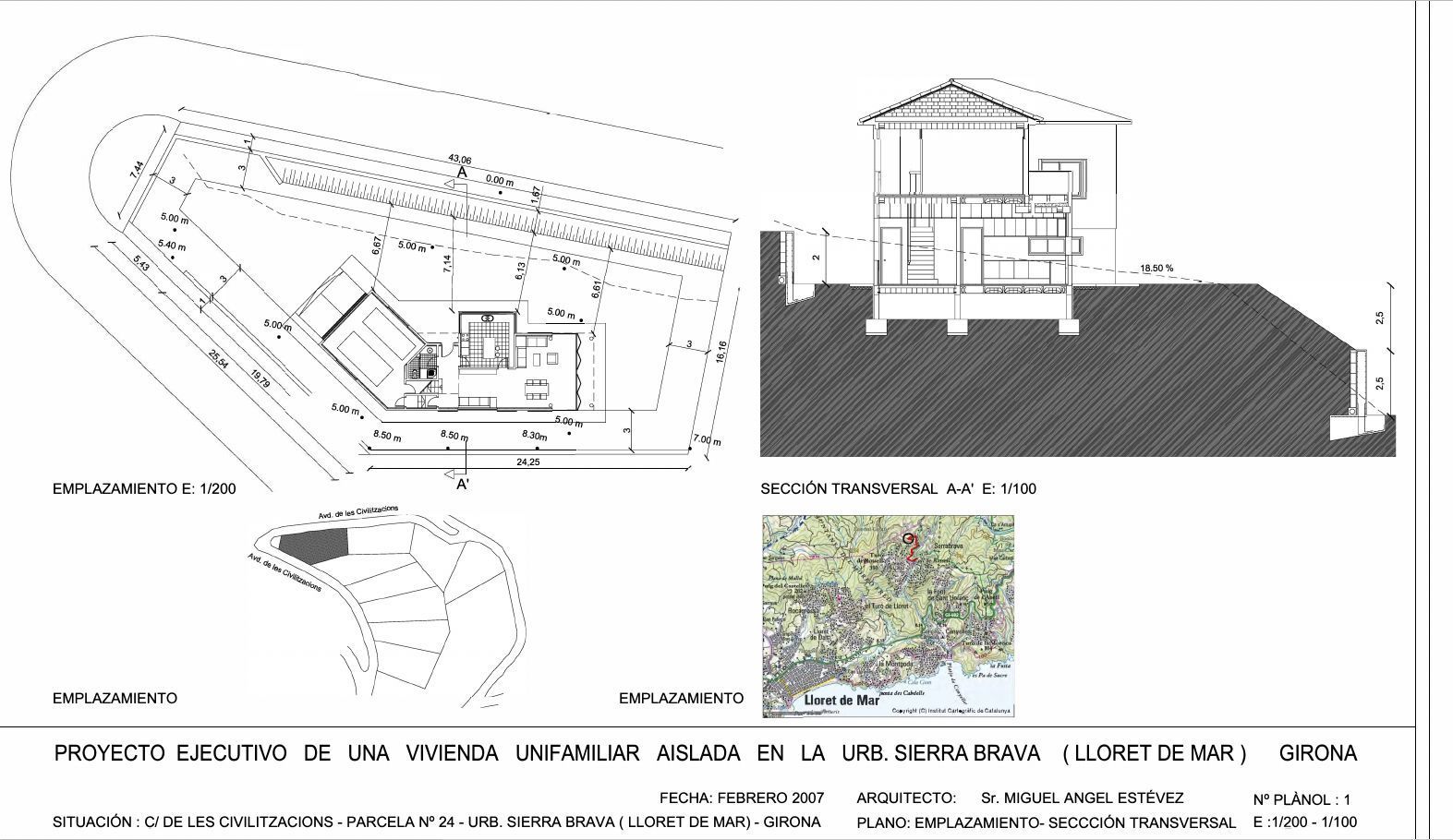 Dibujos arquitectónicos de una casa, incluyendo planos, una sección y una vista en perspectiva.