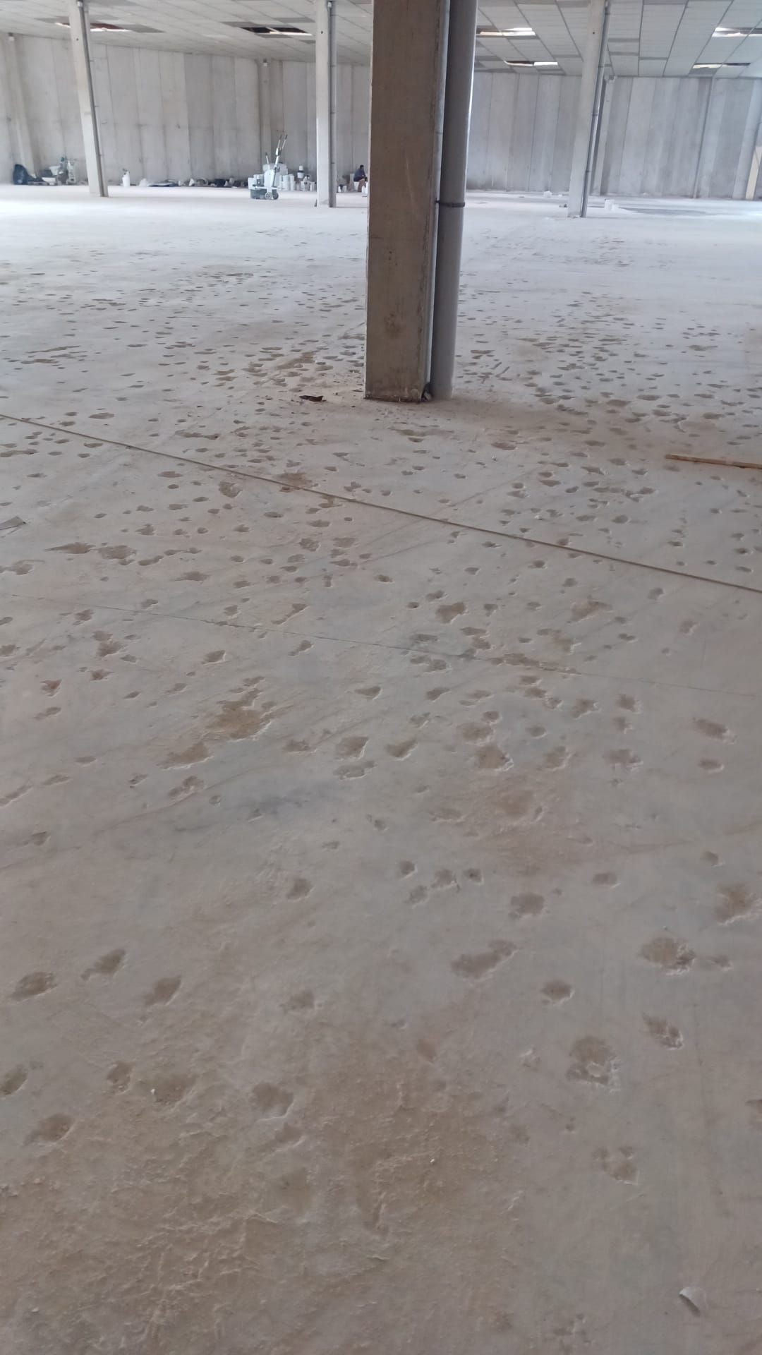 Suelo de hormigón visto con marcas dispersas, grandes pilares de hormigón y un entorno industrial distante.